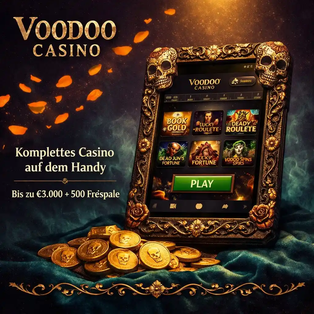 Voodoo Casino App Tablet Totenkopf Rahmen Gold Münzen Ringelblumen dunkel