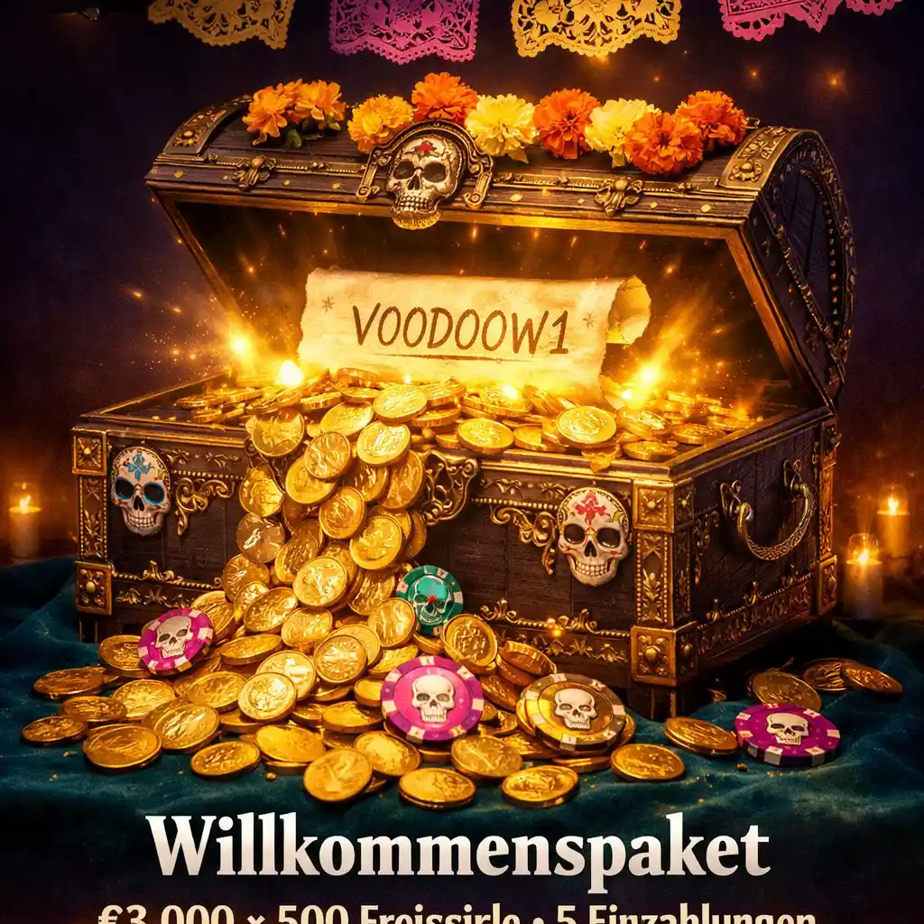 Voodoo Casino Bonus Totenkopf Schatztruhe Gold Münzen Ringelblumen Teal dunkel