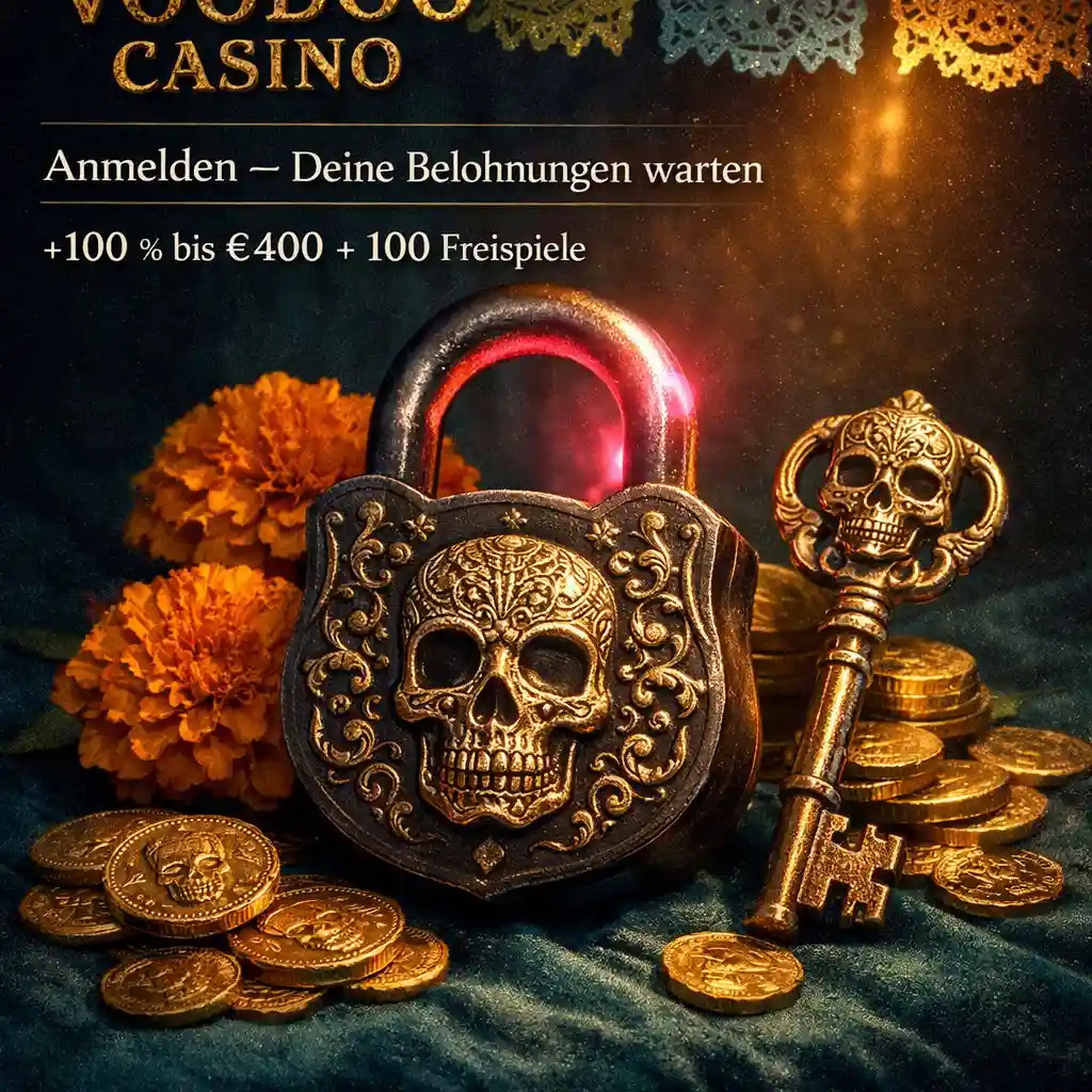 Voodoo Casino Login Totenkopf Schloss Schlüssel Gold Magenta dunkel Teal