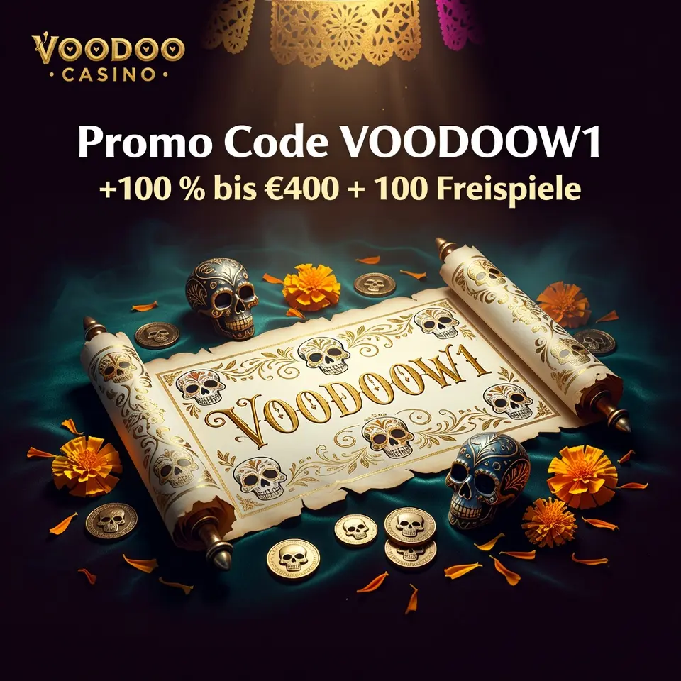 Voodoo Casino Promo Code VOODOOW1 Totenkopf Schriftrolle Gold Münzen dunkel Teal