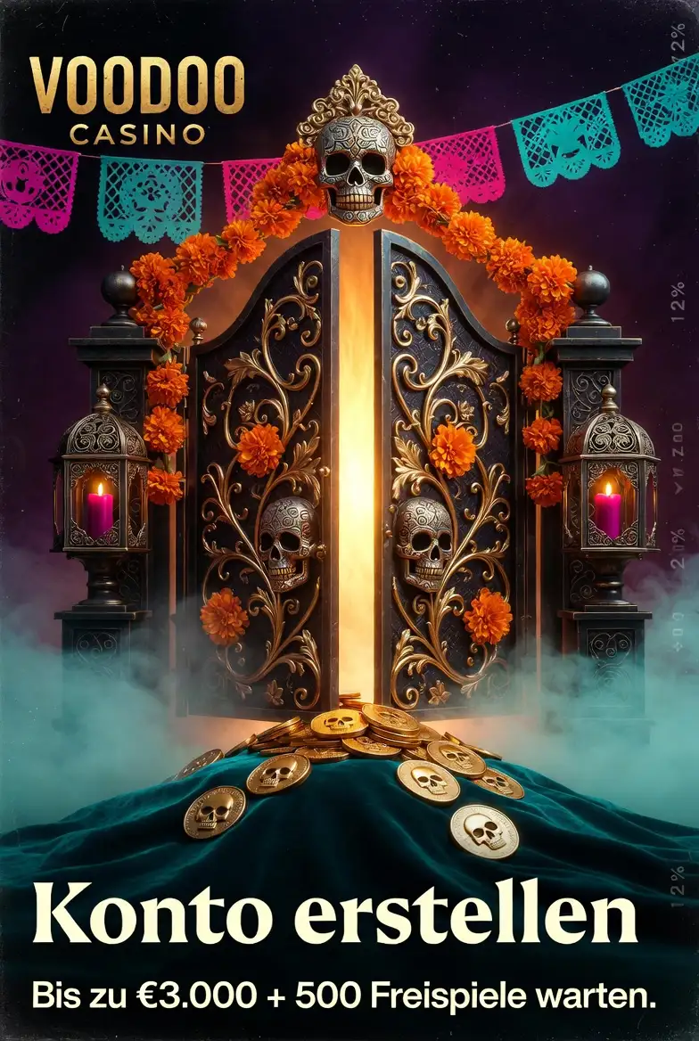 Voodoo Casino Registrierung Totenkopf Tor Gold Münzen Ringelblumen Teal dunkel