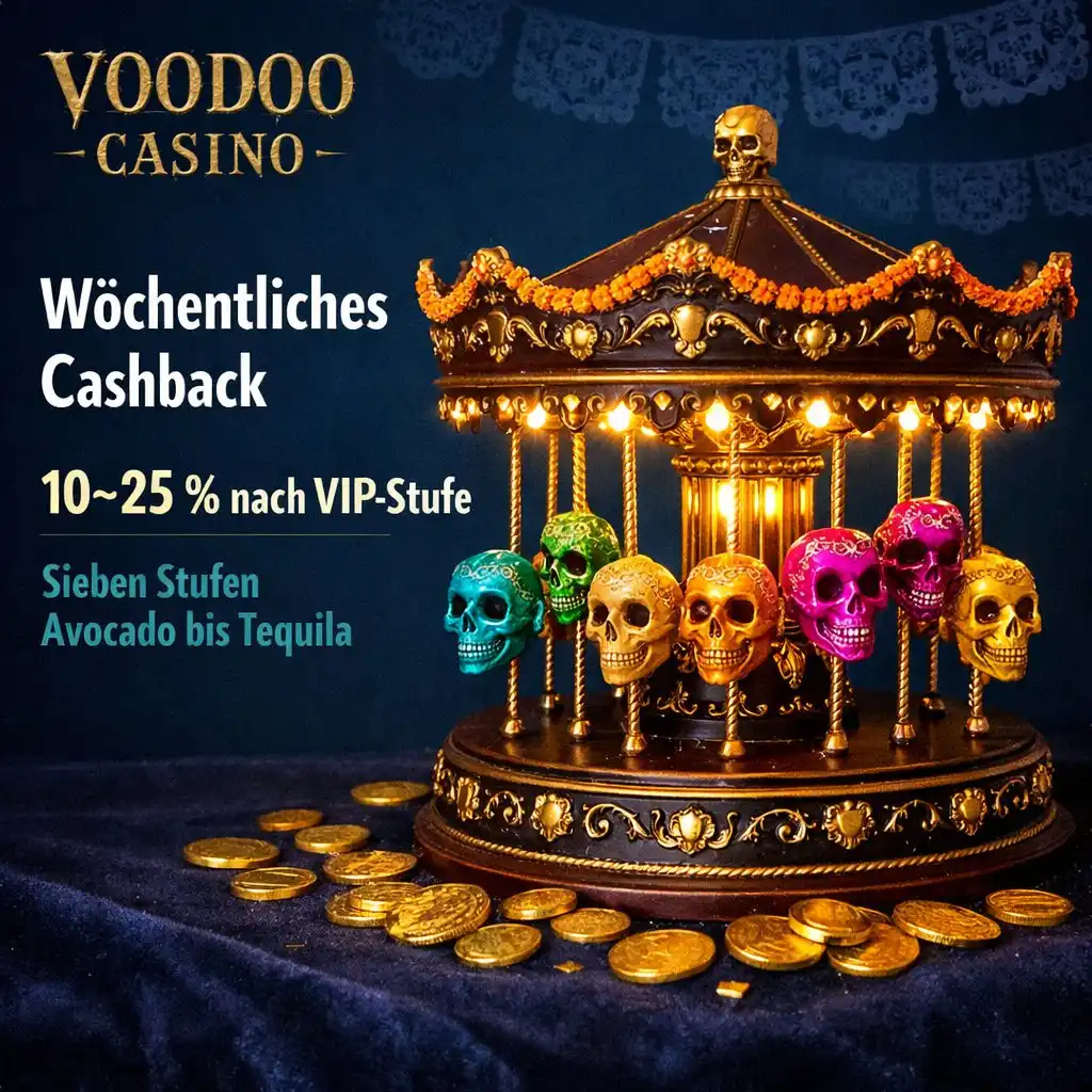 Voodoo Casino Cashback VIP Totenkopf Karussell Gold Teal dunkel