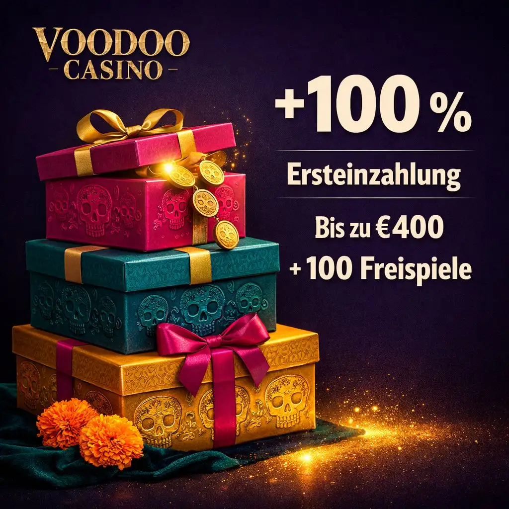 Voodoo Casino Ersteinzahlung Bonus Totenkopf Geschenkbox Gold dunkel