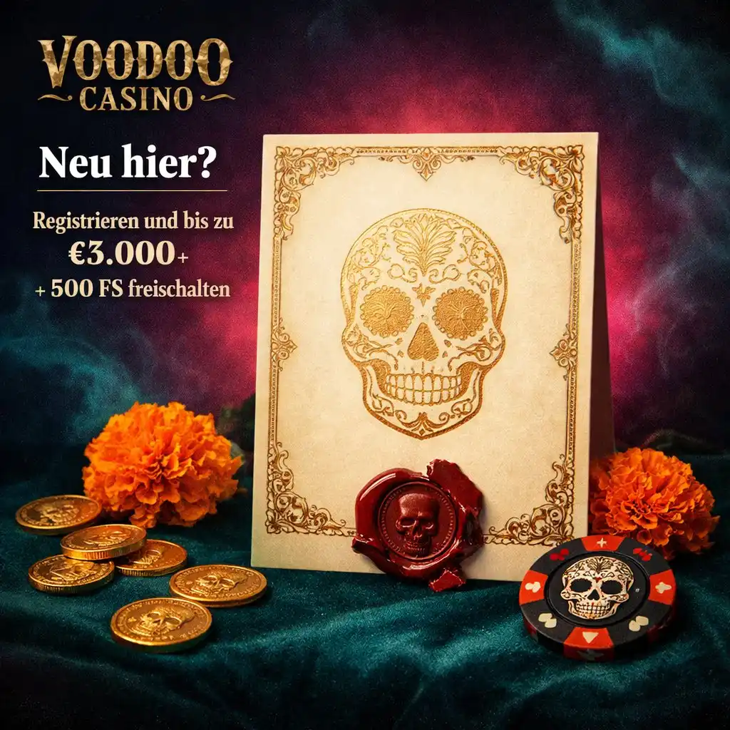 Voodoo Casino Registrierung Totenkopf Einladungskarte Gold Münzen Teal dunkel