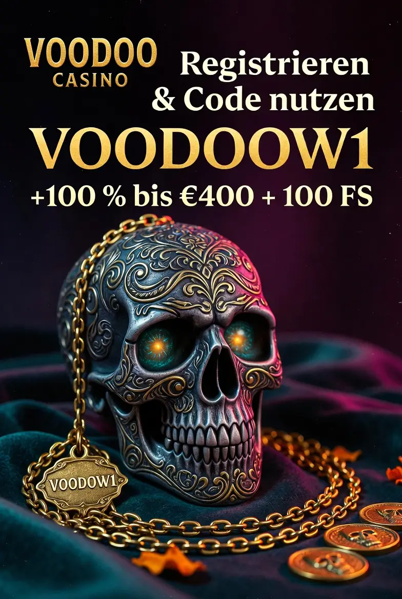 Voodoo Casino Registrierung Promo Code Totenkopf Amulett Gold dunkel Teal