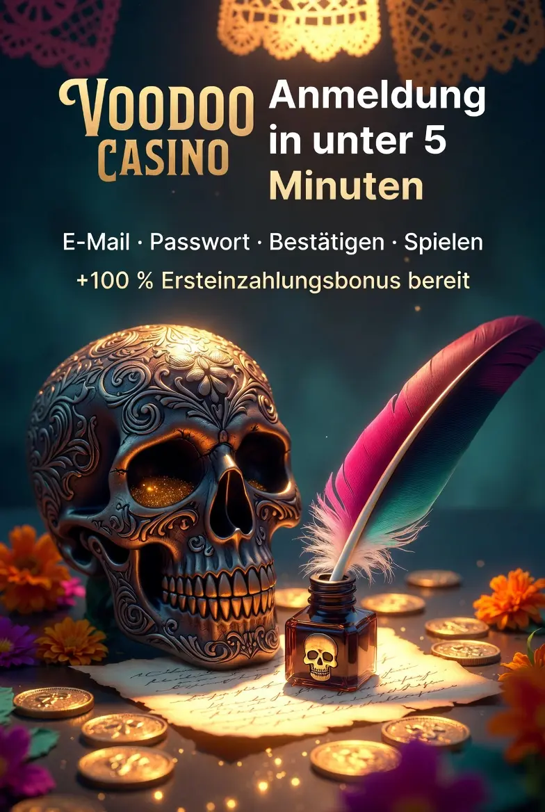 Voodoo Casino Registrierung Totenkopf Tinte Feder Gold Münzen Teal dunkel
